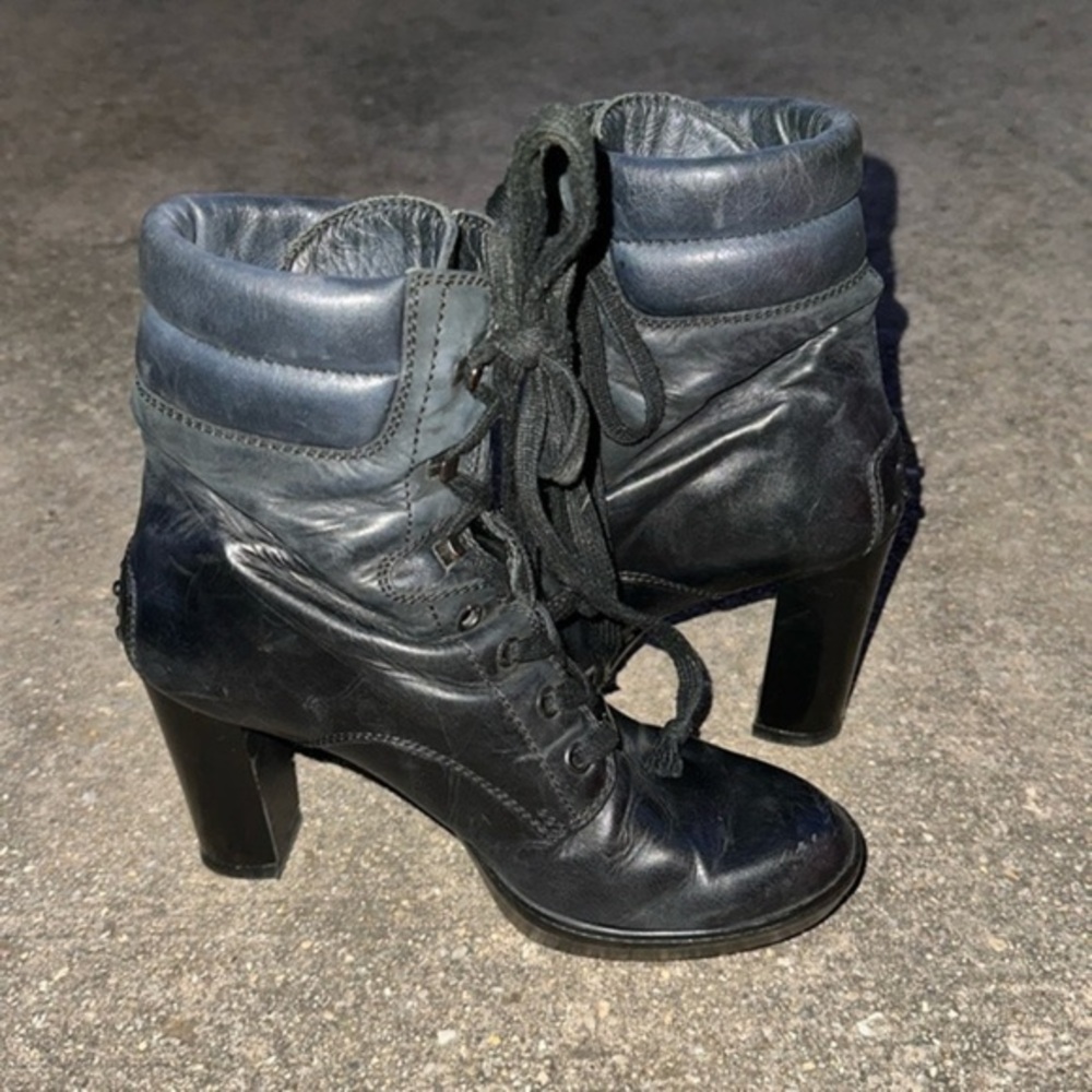 TOD'S Lace up Block Heel Ankle Boots Leather Black 37